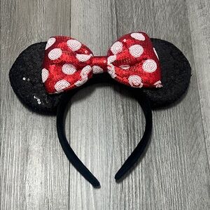 Minnie Mouse ear headband with sequence and a Red Polka Dot bow